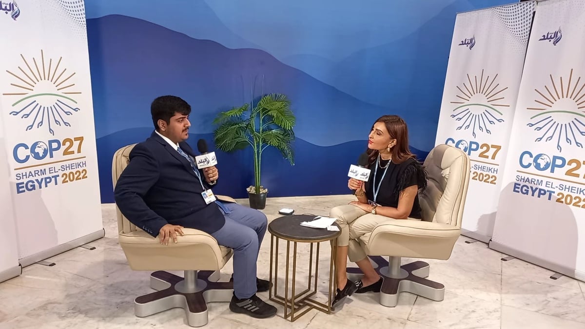 Asish Singh being interviewed on television at COP27 in Sharm El-Sheikh
