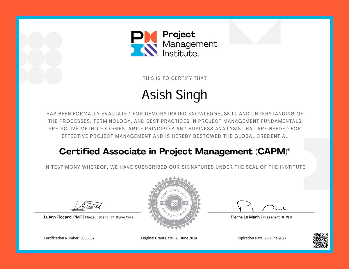 Certified Associate in Project Management certificate awarded to Asish Singh by the Project Management Institute